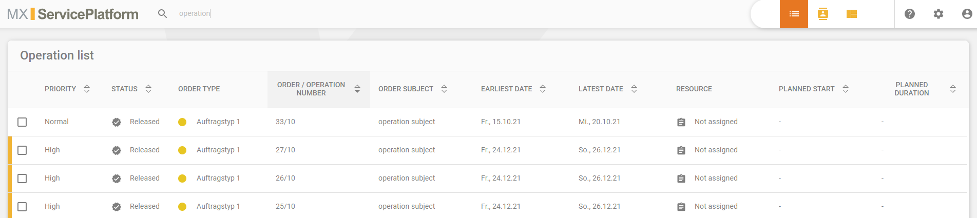 operations list