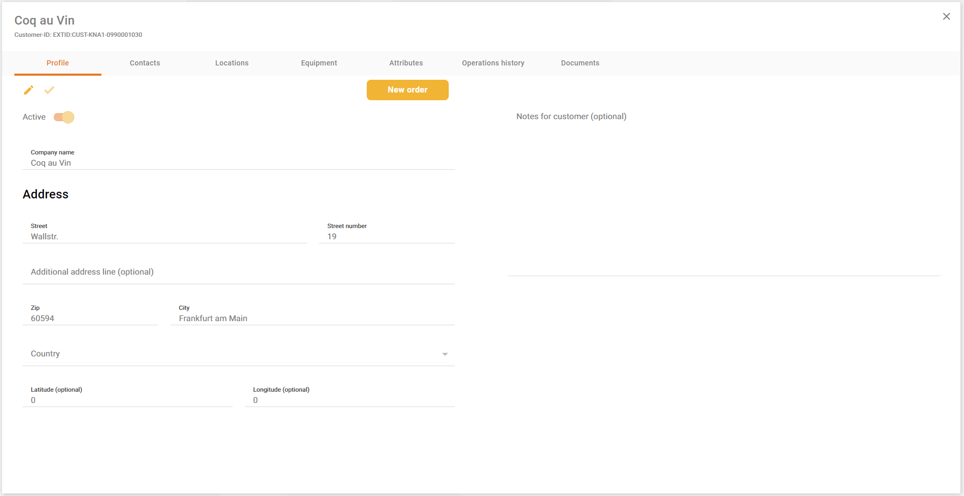 Screenshot of an order creation